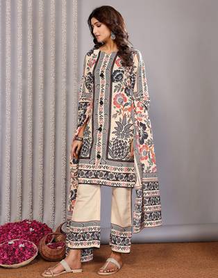 Cream linen floral printed straight neck kurta set 4