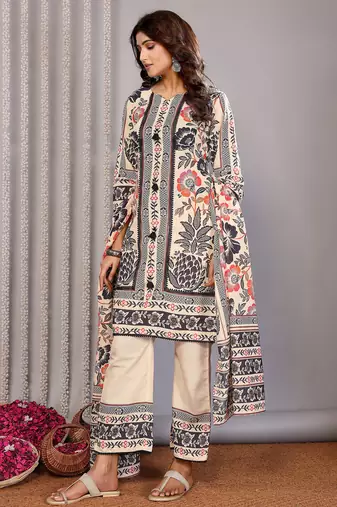 Cream linen floral printed straight neck kurta set