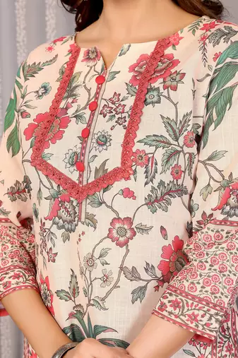 Cream linen floral printed straight neck kurta set