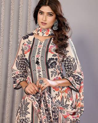 Cream linen floral printed straight neck kurta set 5