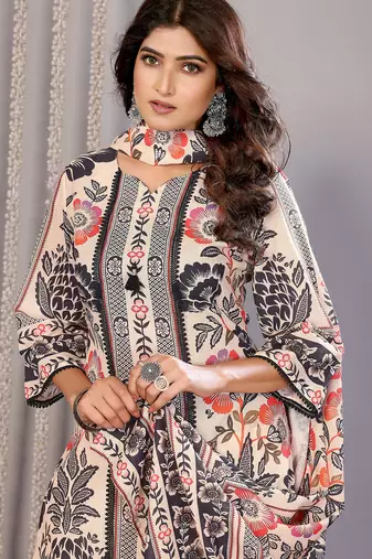 Cream linen floral printed straight neck kurta set