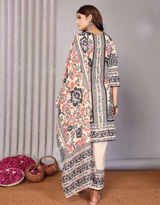 Cream linen floral printed straight neck kurta set 6