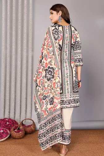 Cream linen floral printed straight neck kurta set