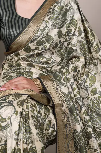 mehendi printed tasar art silk blend saree with shimmering viscose border
