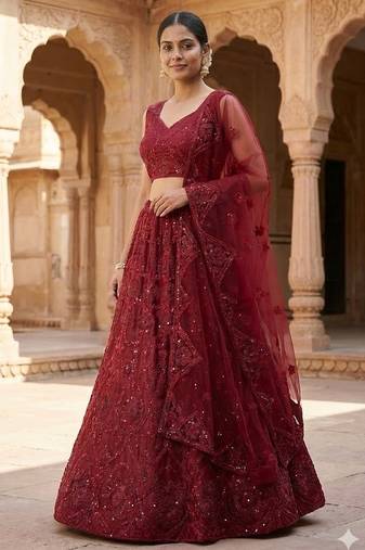 Maroon embroidered soft net lehenga choli with dupatta
