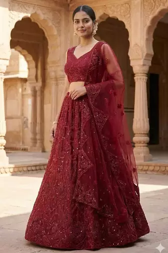 Maroon embroidered soft net lehenga choli with dupatta
