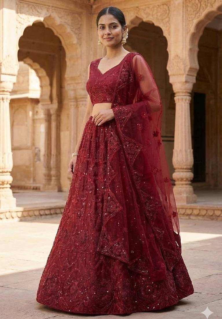 Maroon embroidered soft net lehenga choli with dupatta