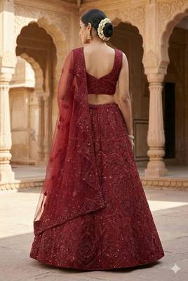 Maroon embroidered soft net lehenga choli with dupatta 5