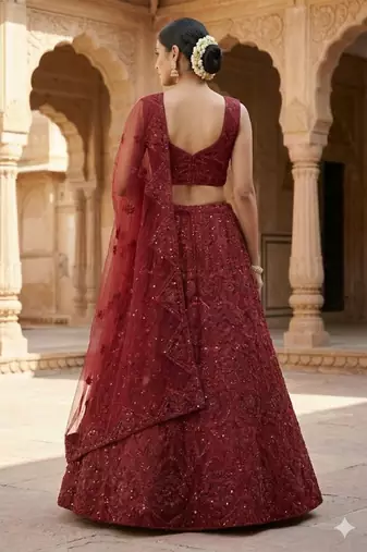 Maroon embroidered soft net lehenga choli with dupatta