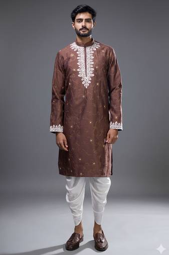 Brown silk kurta patiala for men's