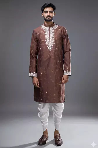 Brown silk kurta patiala for men's