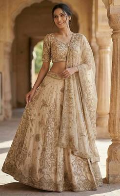 Cream net sequins dori & Zari Lehenga blouse with Dupatta 1