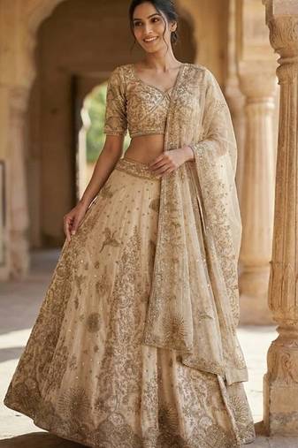 Cream net sequins dori & Zari Lehenga blouse with Dupatta