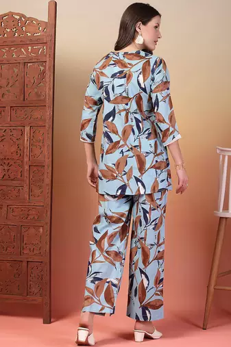 cotton sky blue abstract print co-ord set