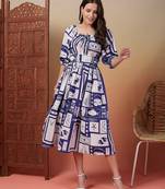 cotton blue abstract print flared dress