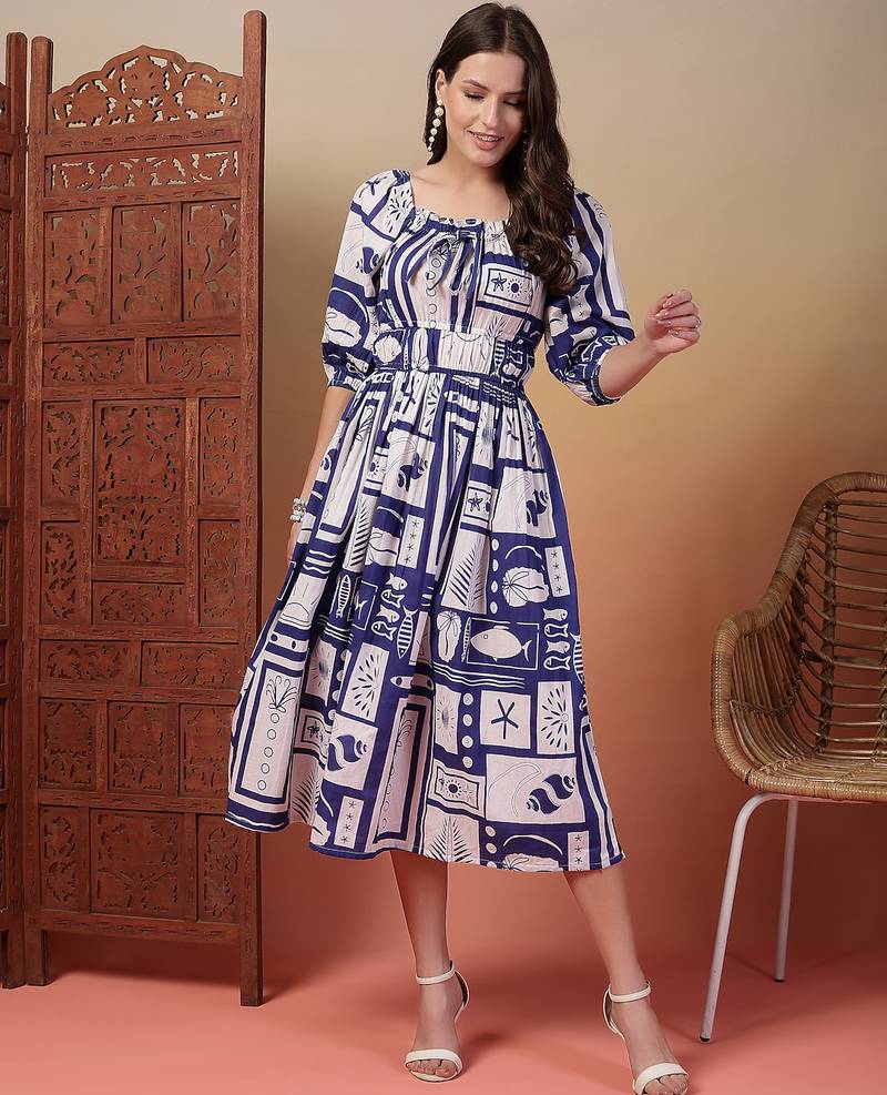 cotton blue abstract print flared dress