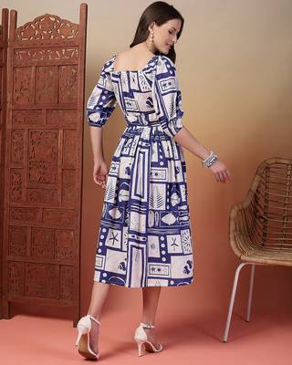 cotton blue abstract print flared dress 2
