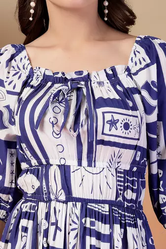 cotton blue abstract print flared dress