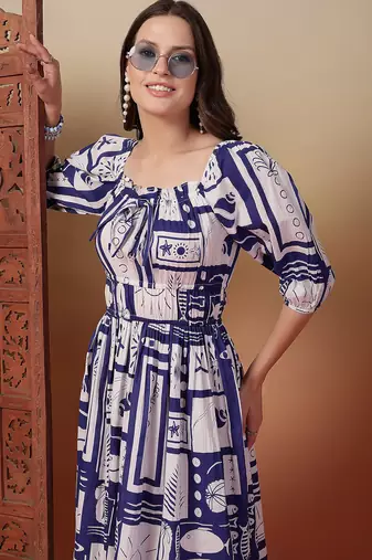 cotton blue abstract print flared dress