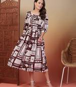 cotton wine abstract print flared dress