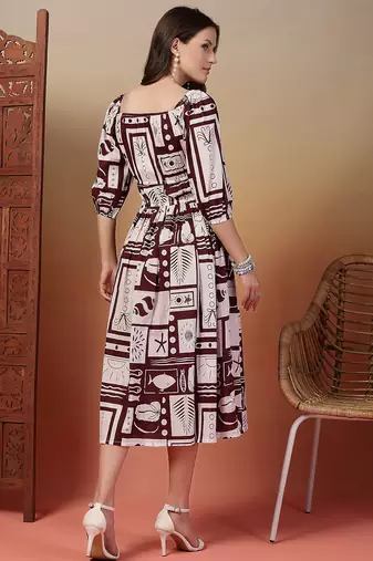 cotton wine abstract print flared dress