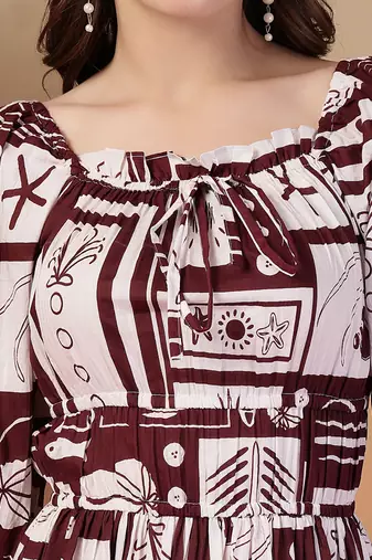 cotton wine abstract print flared dress