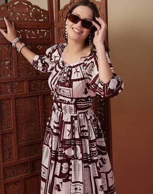 cotton wine abstract print flared dress 5