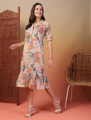cotton peach abstract print a-line dress 4