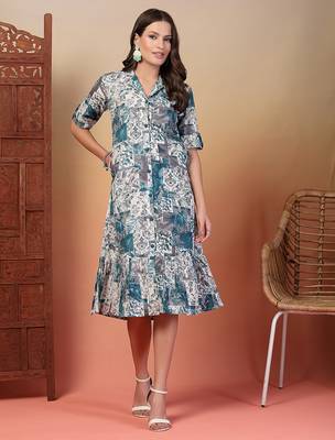 cotton teal abstract print a-line dress 1