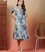 cotton teal abstract print a-line dress