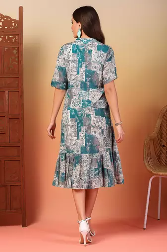 cotton teal abstract print a-line dress