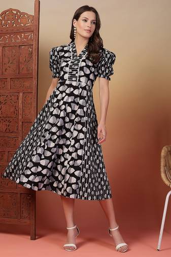 cotton black ethnic print flared dress