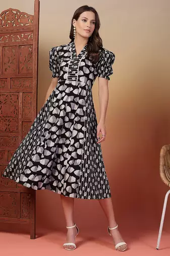 cotton black ethnic print flared dress