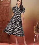 cotton black ethnic print flared dress