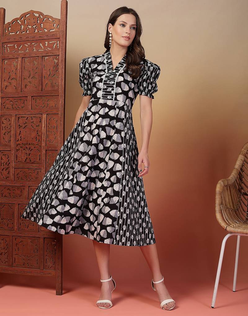 cotton black ethnic print flared dress