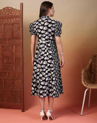 cotton black ethnic print flared dress 2