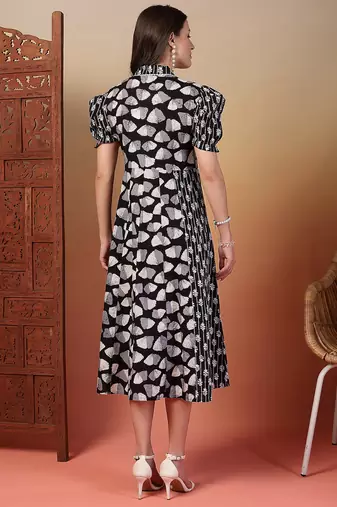 cotton black ethnic print flared dress