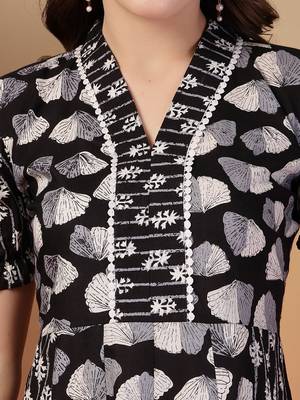 cotton black ethnic print flared dress 3