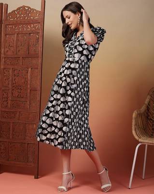 cotton black ethnic print flared dress 4