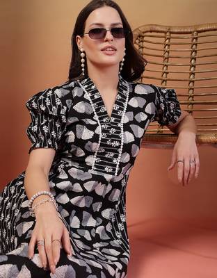 cotton black ethnic print flared dress 5