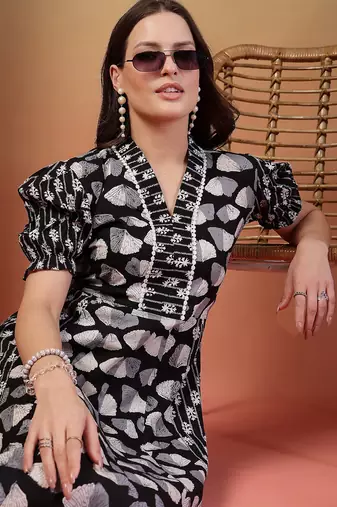 cotton black ethnic print flared dress