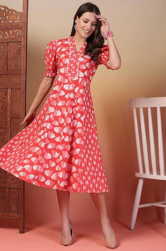 cotton pink ethnic print flared dress