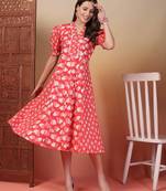 cotton pink ethnic print flared dress