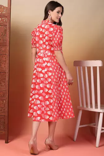 cotton pink ethnic print flared dress
