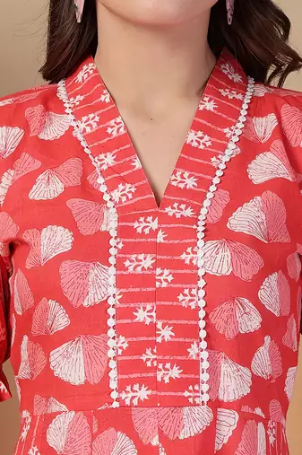 cotton pink ethnic print flared dress