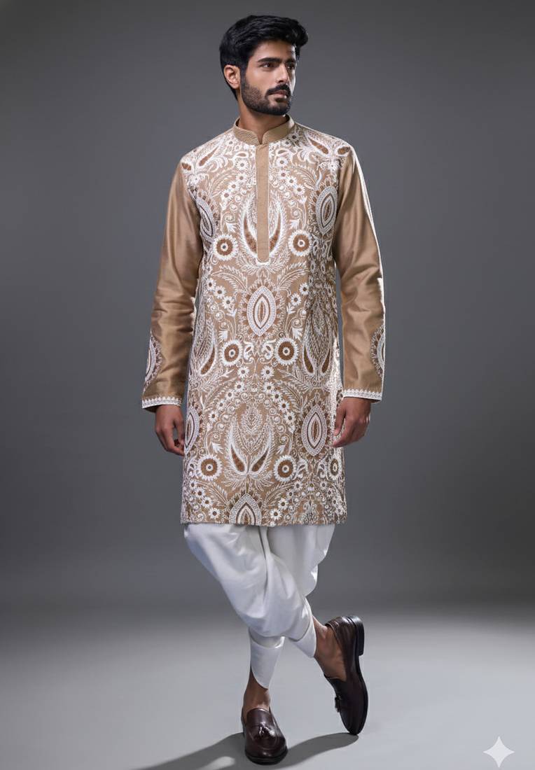 Beige silk kurta patiala for men's