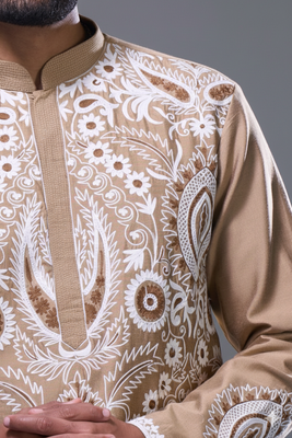 Beige silk kurta patiala for men's 2