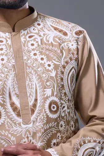Beige silk kurta patiala for men's