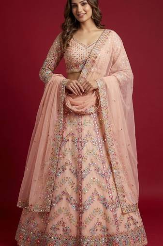 Peach georgette embroidered lehenga choli with dupatta