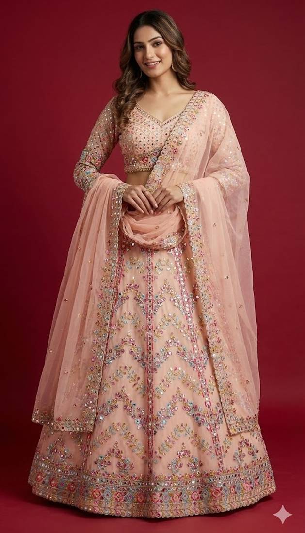 Peach georgette embroidered lehenga choli with dupatta